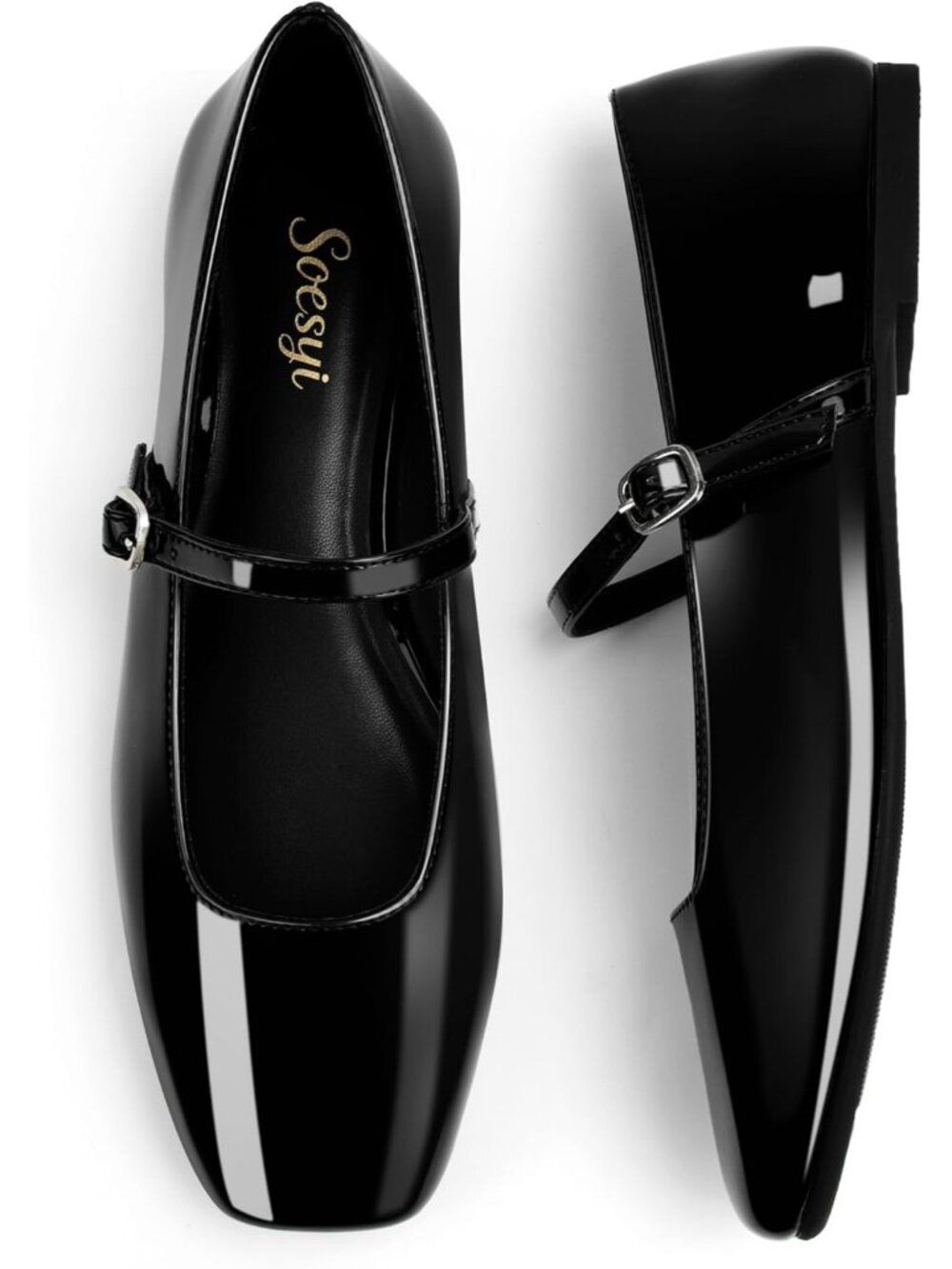 🆕Women's All Black Square Toe Mary Jane Flats Patent Leather Buckle Dress Shoes